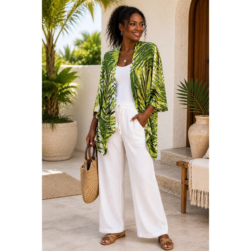 C by Cubavera Green Palm Leaf Print Open Cardigan Kimono Tunic Large Women